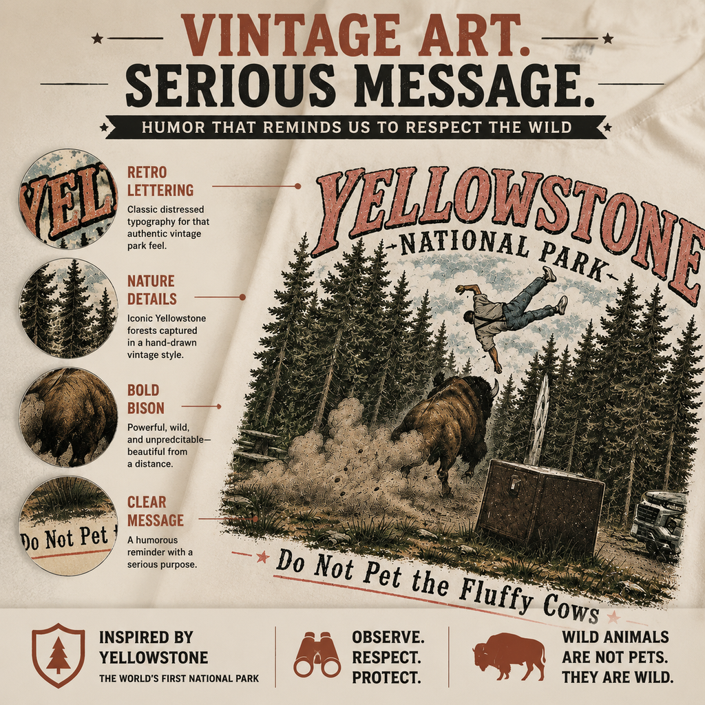 "Do Not Pet The Fluffy Cows T-Shirt" 🏞️ Yellowstone National Park Vintage Bison Graphic Tee