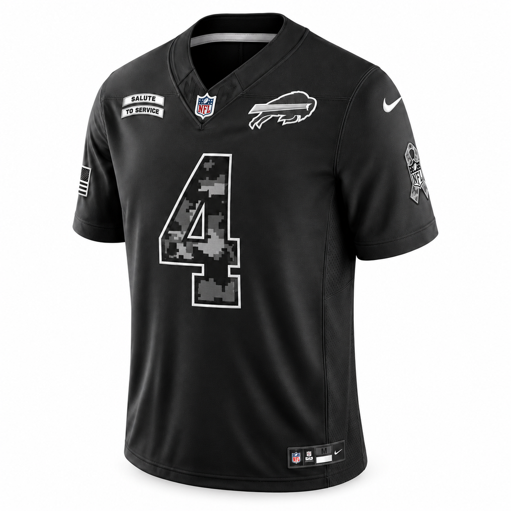 Men’s James Cook III #4 Buffalo Bills 2026 Salute to Service Stitched Limited Jersey – Black