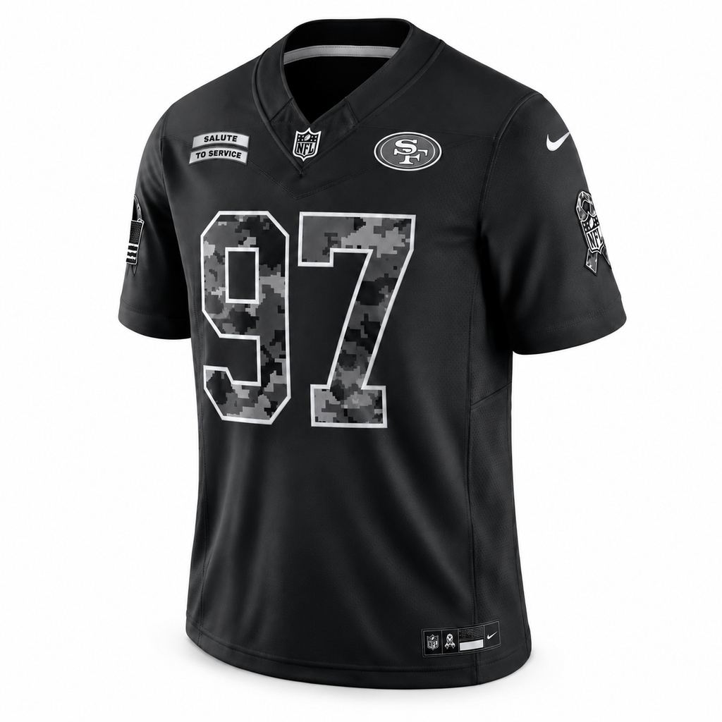 Men’s Nick Bosa #97 San Francisco 49ers 2026 Salute to Service Stitched Limited Jersey – Black