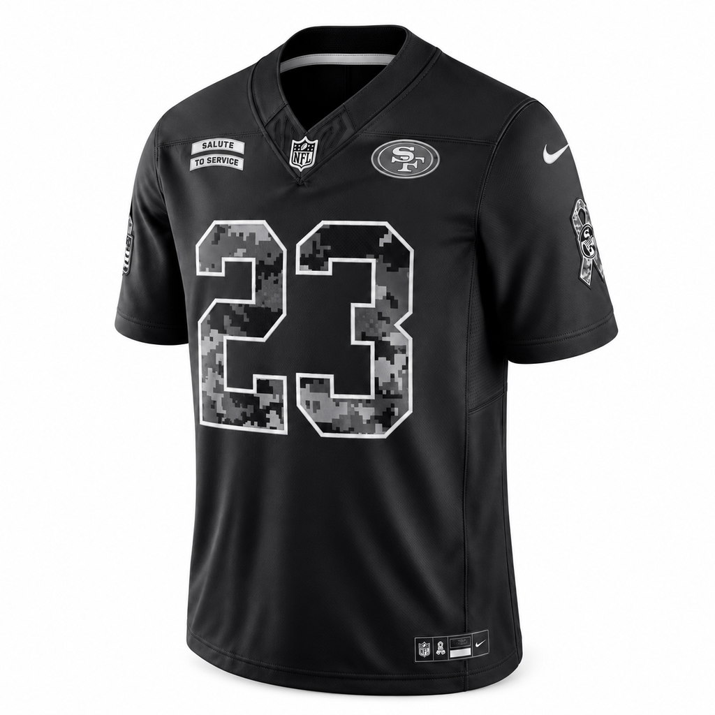 Men’s Christian McCaffrey #23 San Francisco 49ers 2026 Salute to Service Stitched Limited Jersey – Black