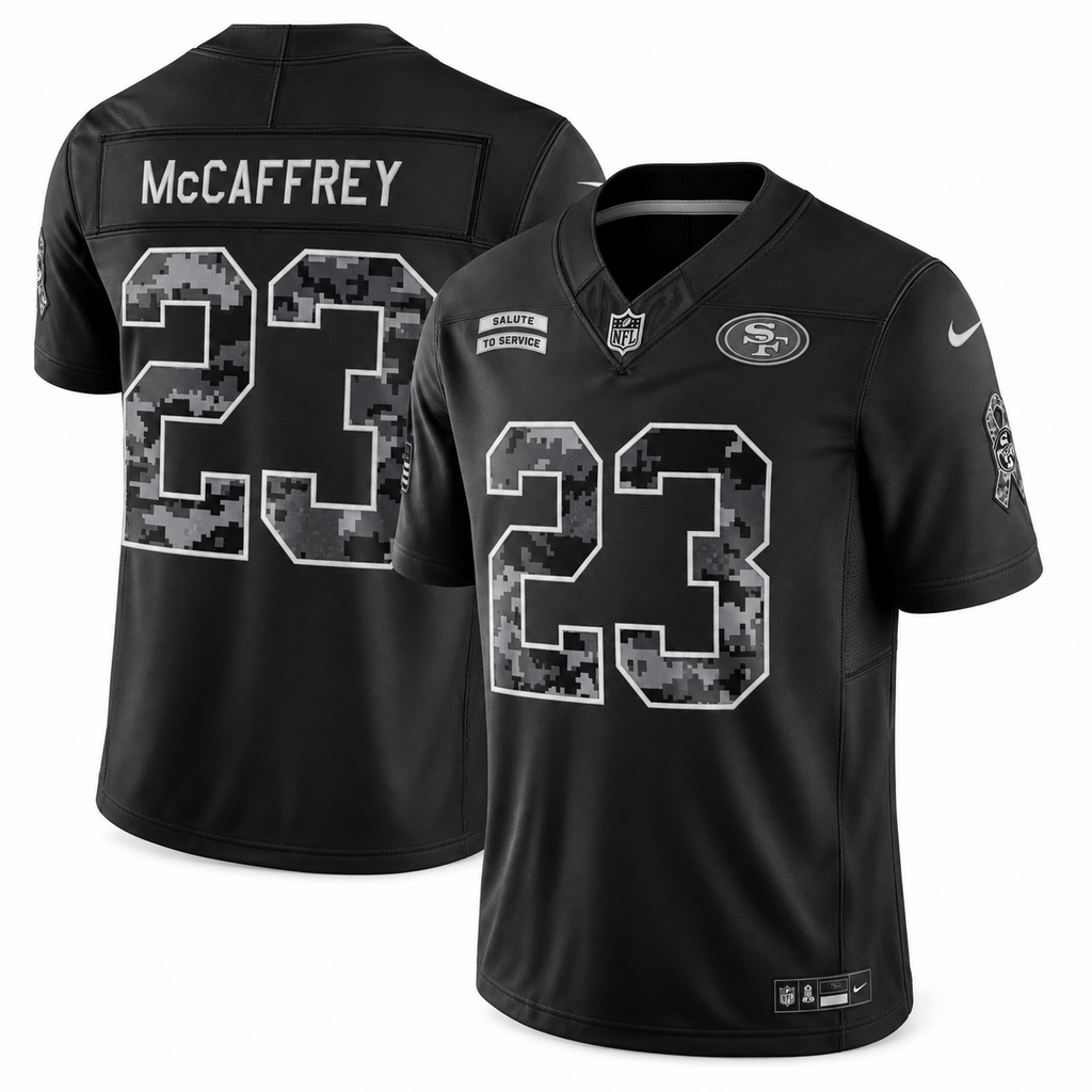 Men’s Christian McCaffrey #23 San Francisco 49ers 2026 Salute to Service Stitched Limited Jersey – Black