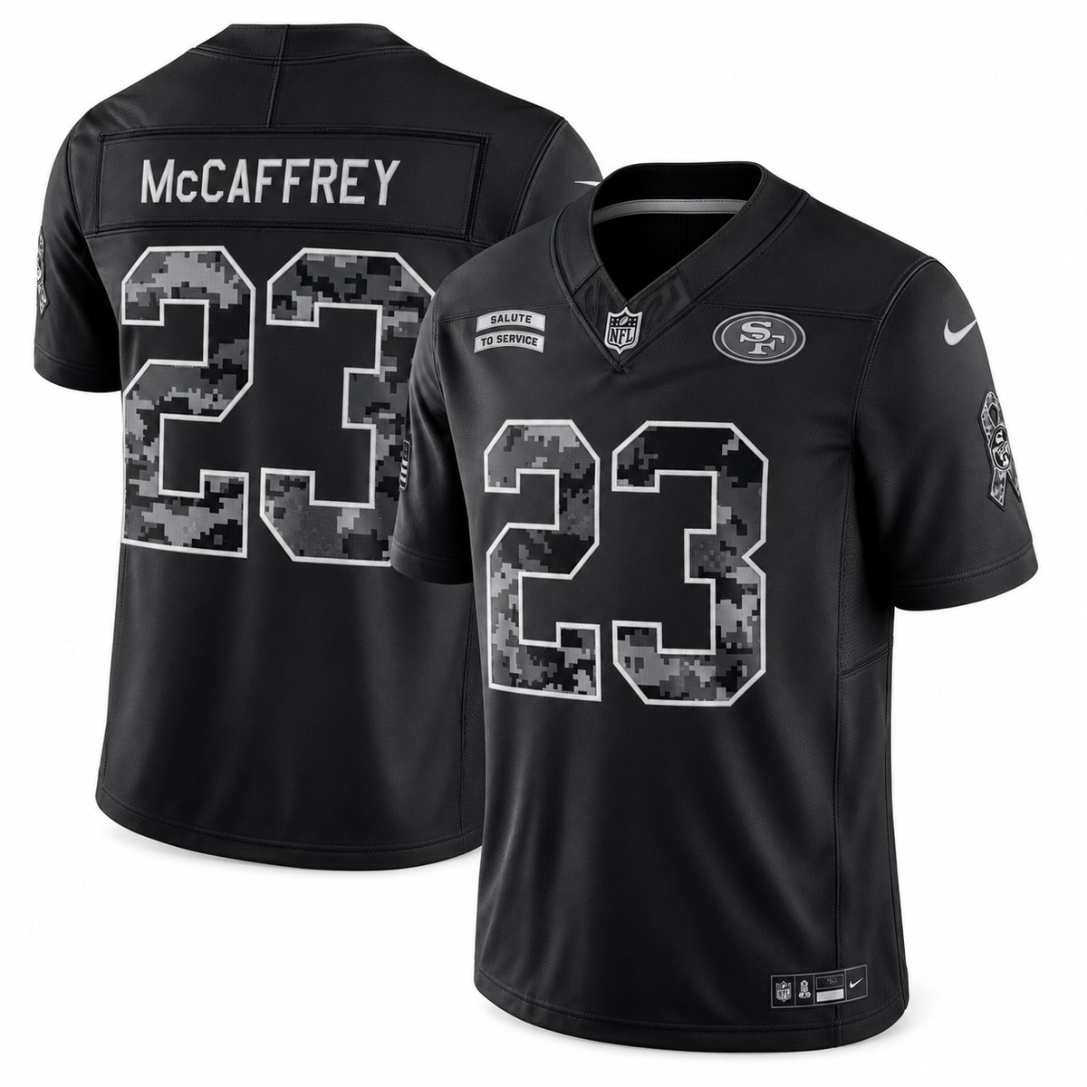 Men’s Christian McCaffrey #23 San Francisco 49ers 2026 Salute to Service Stitched Limited Jersey – Black