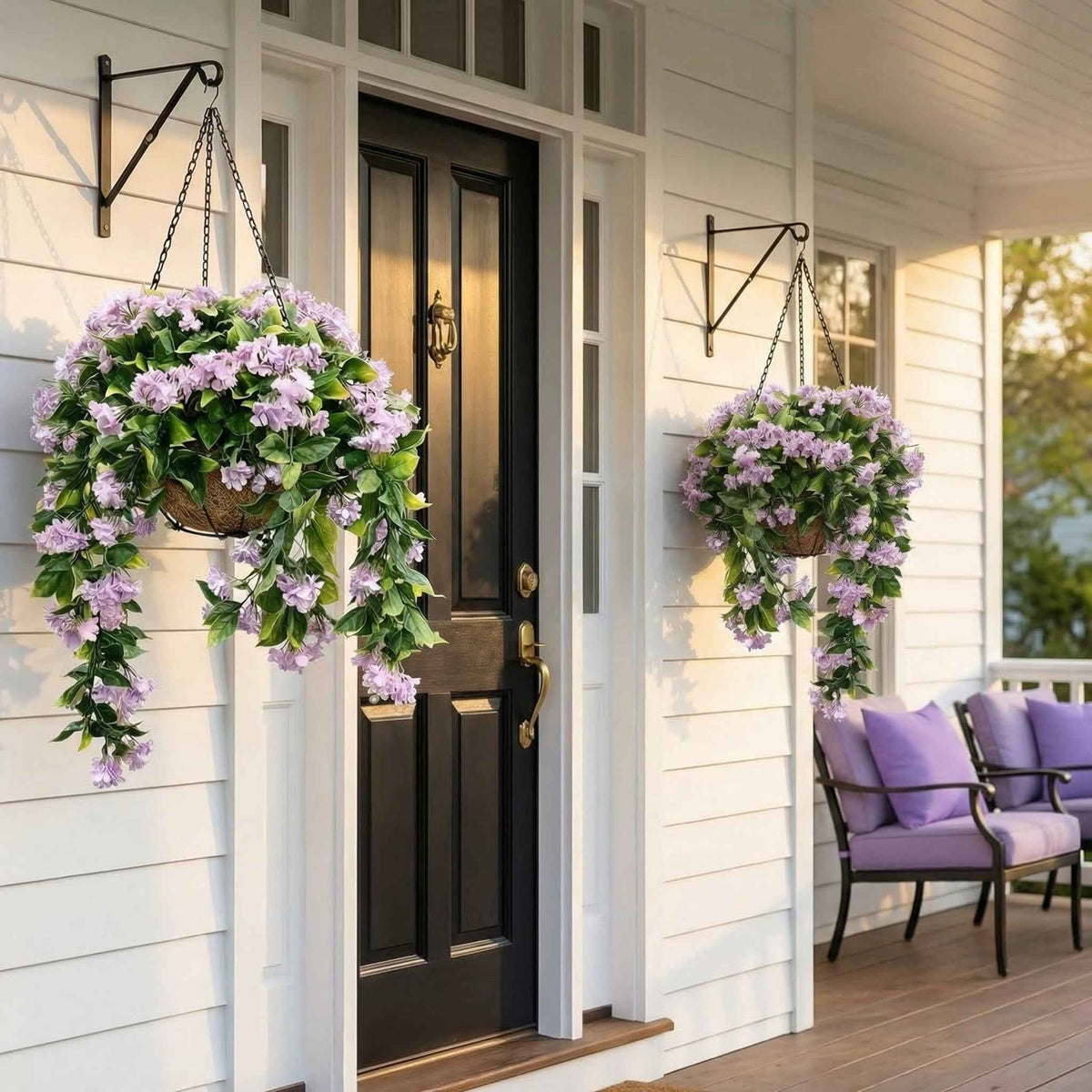 1 Faux Crepe Myrtle Hanging Baskets – UV Resistant Artificial Flower Planters with Coconut Liner & Metal Chain